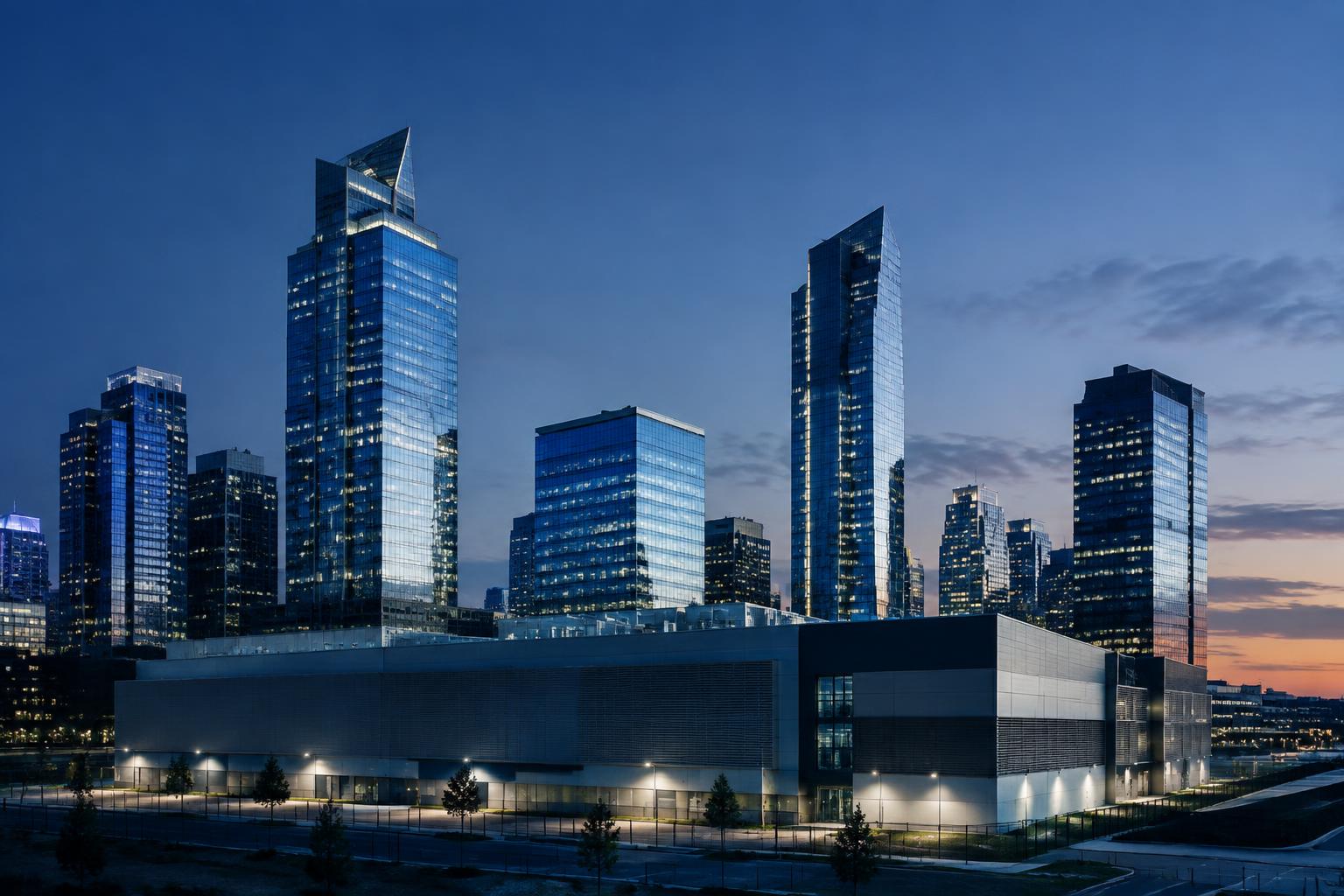 Modern commercial skyline at dusk with glass office towers and a data center in the foreground